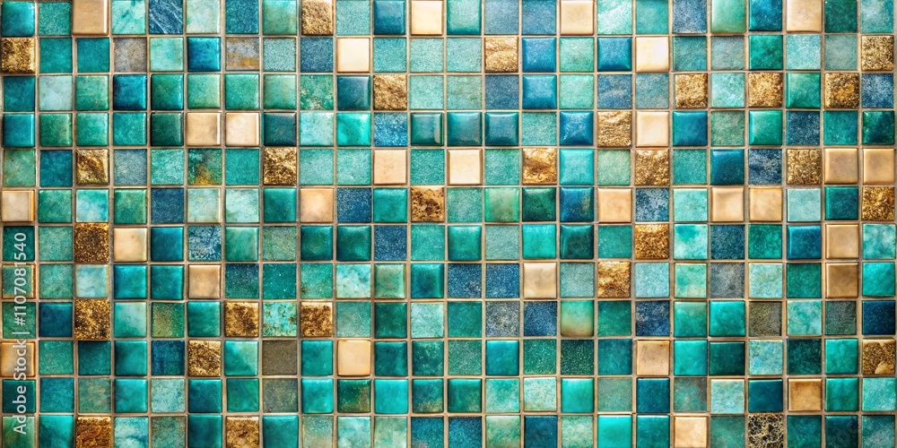 Fototapeta premium Sea-Glass and Gold Mosaic Tile Wall Texture A Beautiful Background for Design Projects