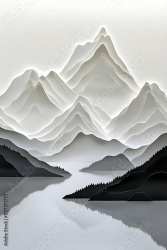 A calming wallpaper featuring 3D-effect paper mountains inspired by traditional Asian landscapes