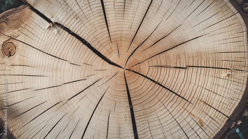 Fototapeta premium Close-up view of a Koa tree cross-section showcasing intricate growth rings and rich wood tones, ideal for textures, woodworking, and natural design inspiration. 