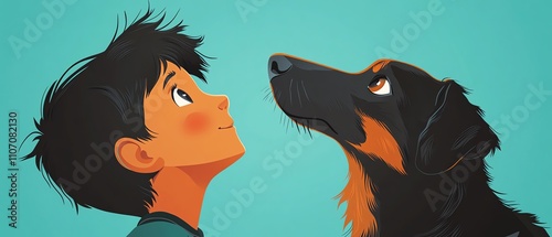 Boy gazing at dog with admiration. photo