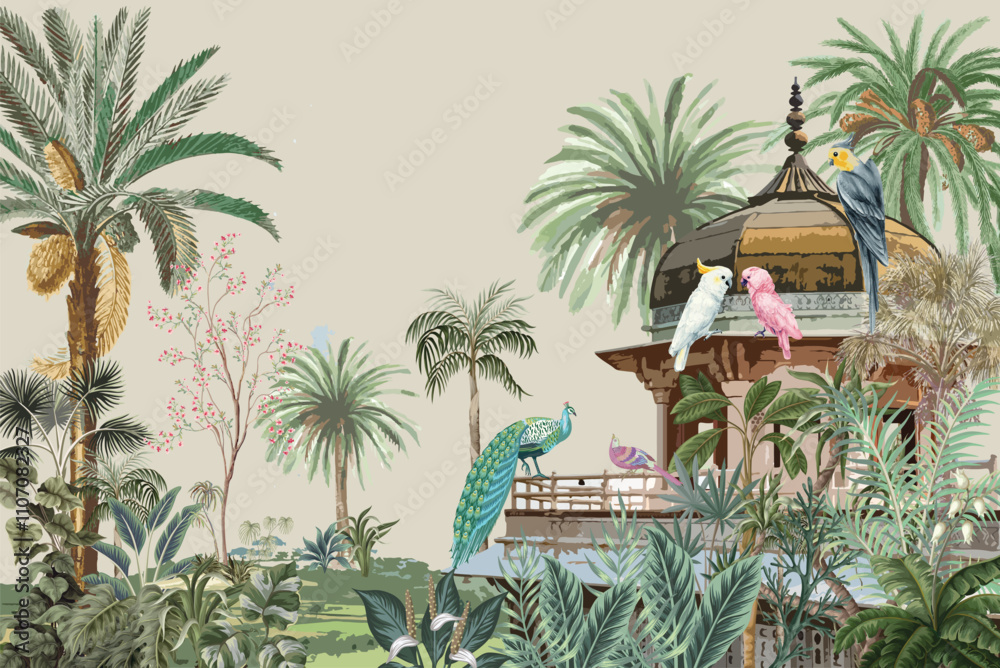 Fototapeta premium Mughal garden, Arch, Bird, Peacock, Watercolor Background with tropical plant.