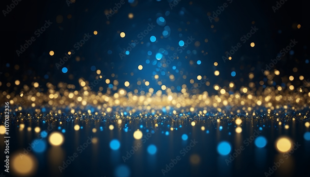 Obraz premium Abstract Blue and Gold Glittering Particles Background: Shimmering Lights and Festive Sparkle