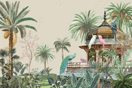 Mughal garden, Arch, Bird, Peacock, Watercolor Background with tropical plant.