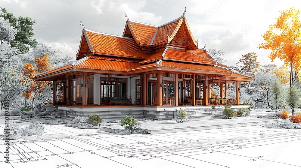 Fototapeta premium isolated white background of a traditional Thai-style home on a blueprint, bright and realistic image with soft lighting, vibrant colors 