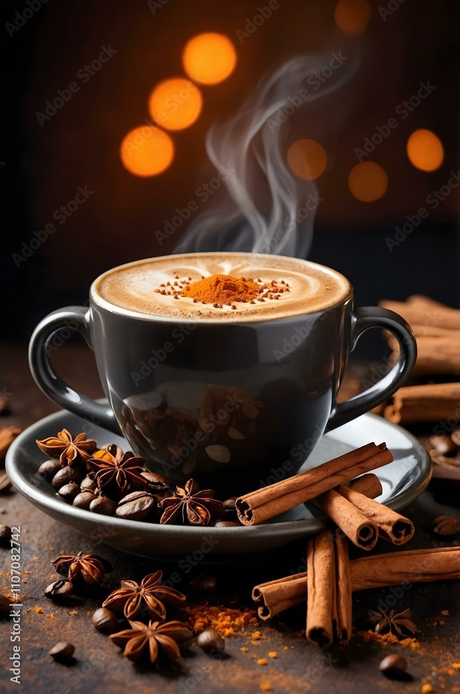A cup of steaming hot chocolate topped with a generous amount of cocoa powder. The cup is placed on a saucer next to slices of orange and cinnamon sticks. A cup of steaming hot chocolate topped with a generous amount of cocoa powder. The cup is placed on a saucer next to slices of orange and cinnamon sticks.
