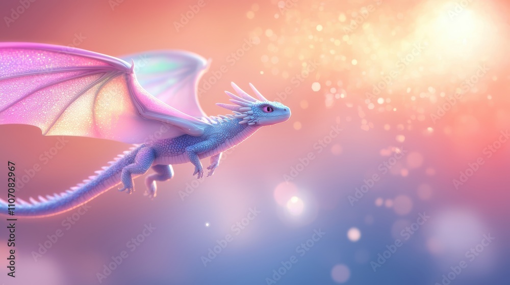 Obraz premium Mythical Dragons A majestic dragon with iridescent scales, soaring through a cloudy sky, with rainbow colored light reflecting off its wings, creating a magical and awe inspiring scene.