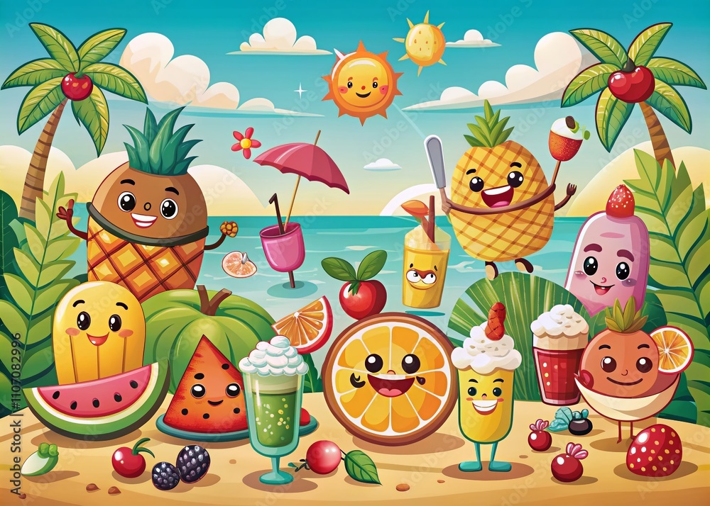 Obraz premium Retro Cartoon Collection of Cheerful Summer Foods, Drinks, and Fruits Featuring Playful Characters with Ample Copy Space for Fun Design Ideas