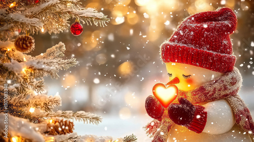 snowman with red hat and red scarf, holding a glowing heart in the winter background photo