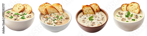 Creamy mushroom soup served in various bowls with garlic bread slices. This delicious dish is garnished with fresh parsley, perfect for comforting meal