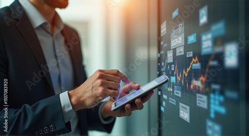 businessman holding digital tablet with world map