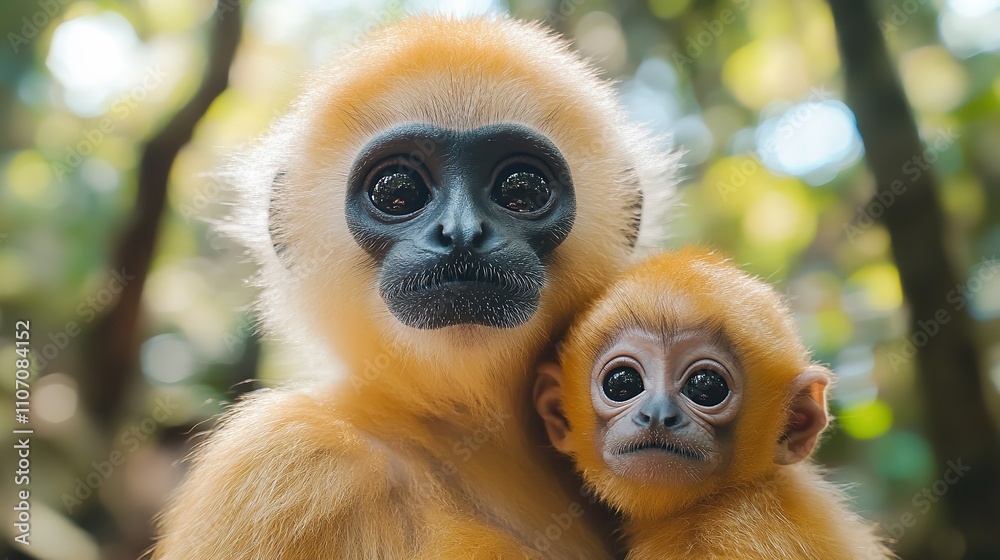 A tender moment between a mother gibbon and her baby, showcasing their affectionate bond in a lush green environment. A tender moment between a mother gibbon and her baby, showcasing their affectionate bond in a lush green environment.