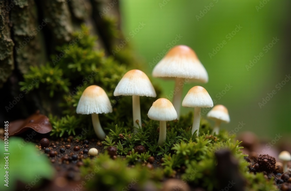 A collection of various mushrooms emerging from a tree trunk A collection of various mushrooms emerging from a tree trunk