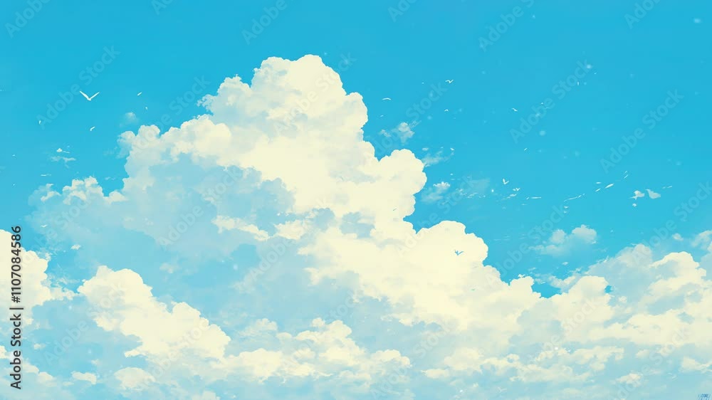 Gentle anime style clouds float across the sky, creating a breathtaking scene perfect for an anime wallpaper. Loop animation.