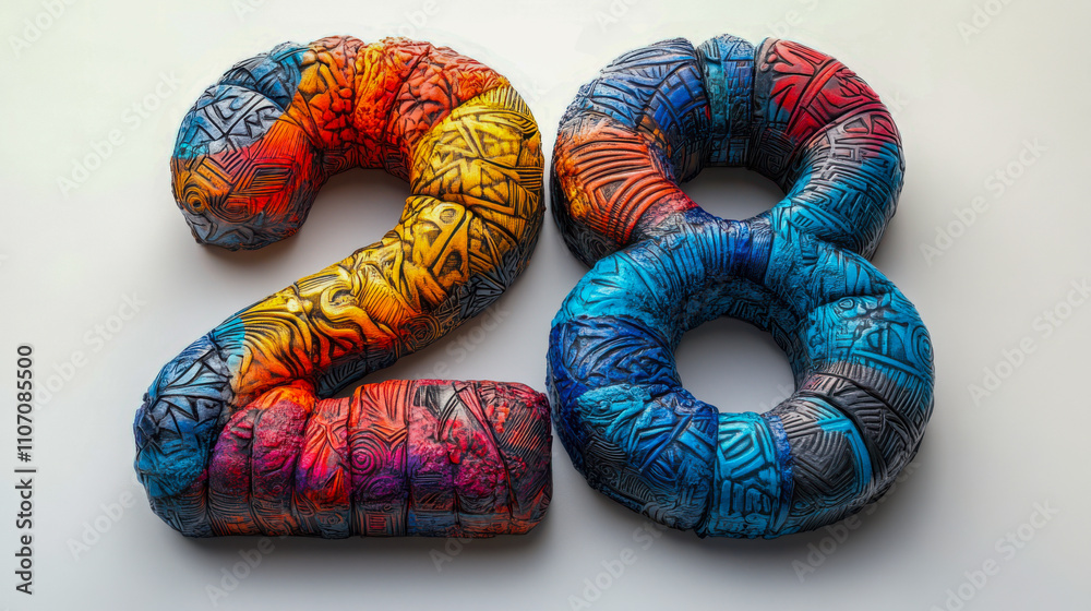 Colorful textile art of the number 28 with intricate tribal patterns Colorful textile art of the number 28 with intricate tribal patterns