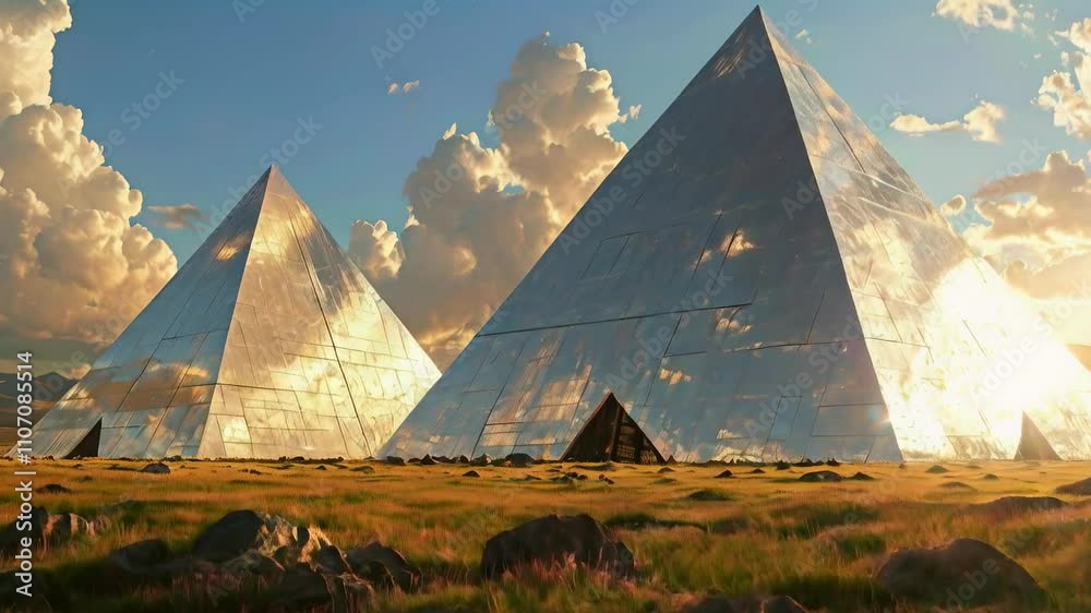 A vast grassland with colossal metallic pyramids partially buried, their reflective surfaces shimmering under the sun.