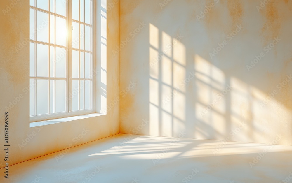 Fototapeta premium Serene sunlit corner in a minimalist room, showcasing a large window casting warm light and shadows on the walls. Ideal for interior design or real estate.