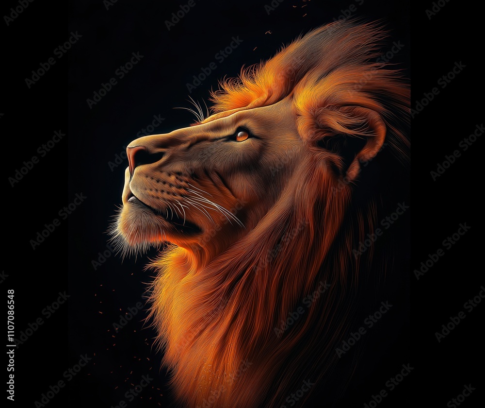 Naklejka premium Side view of a lion with its head raised on a dark background