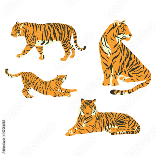 Flat set of cute tigers in various poses isolated on transparent background vector illustration