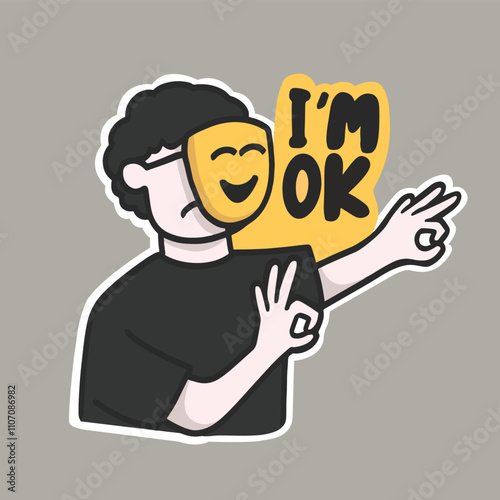 Okay Hand Sign, a guy pretending to be okay wearing a smiley mask sticker vector cute illustration
