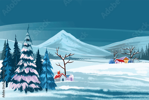 Christmas scene with snow covered landscape background