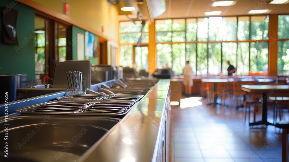 Modern Cafeteria Interior with Open Layout and Natural Light, Featuring Stainless Steel Utensil Holders and Comfortable Dining Area