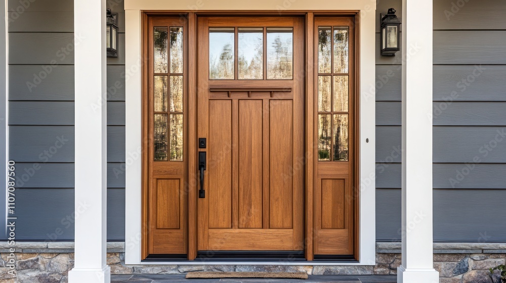 Modern Craftsman style double front door with glass panes, gray siding, stone base, and black accents. Modern Craftsman style double front door with glass panes, gray siding, stone base, and black accents.