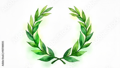 Watercolor laurel wreath illustration in green tones on white background
