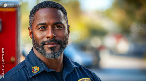 Smiling black male firefighter in uniform outdoors during daytime, concept of heroism
