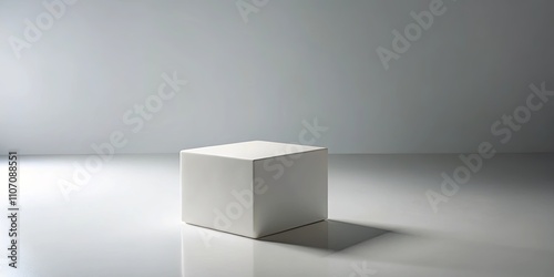 A simple white cube sits on a reflective surface against a minimalist backdrop