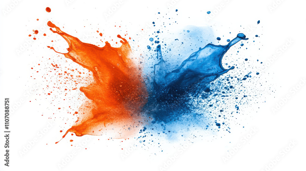 Dynamic splashes of vibrant orange and blue paint collide, creating energetic and colorful watercolor wash on white background. vivid contrast and motion evoke sense of creativity and excitement Dynamic splashes of vibrant orange and blue paint collide, creating energetic and colorful watercolor wash on white background. vivid contrast and motion evoke sense of creativity and excitement