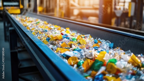 Wallpaper Mural Brightly Colored Plastic Waste on Conveyor Belt in Modern Recycling Facility with Industrial Background and Bokeh Lighting Torontodigital.ca