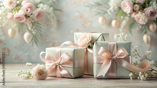 Elegant Pastel Gifts Decorated with Delicate Flowers and Ribbons on a Rustic Wooden Surface