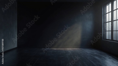 Empty room with a window and a single light beam on the wall, dark and moody, with a wooden floor. photo