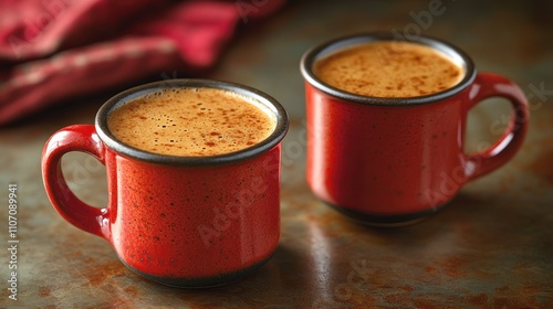 Two mugs of hot coffee on a dark surface. photo