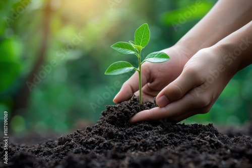 A pair of hands cradling soil with a small green seedling, symbolizing nurturing growth. The blurred natural background has room for eco-friendly branding or environmental sustainability text. 