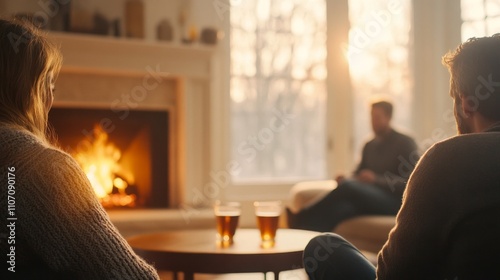 Friends gather by the fireplace, sharing tea and cheerful moments in a cozy living room photo