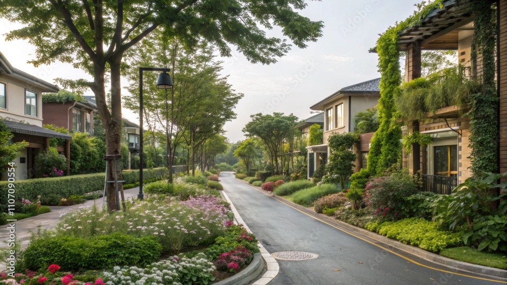 Harmonious residential neighborhoods with greenery intertwined where rainwater collection systems support sustainable gardens.