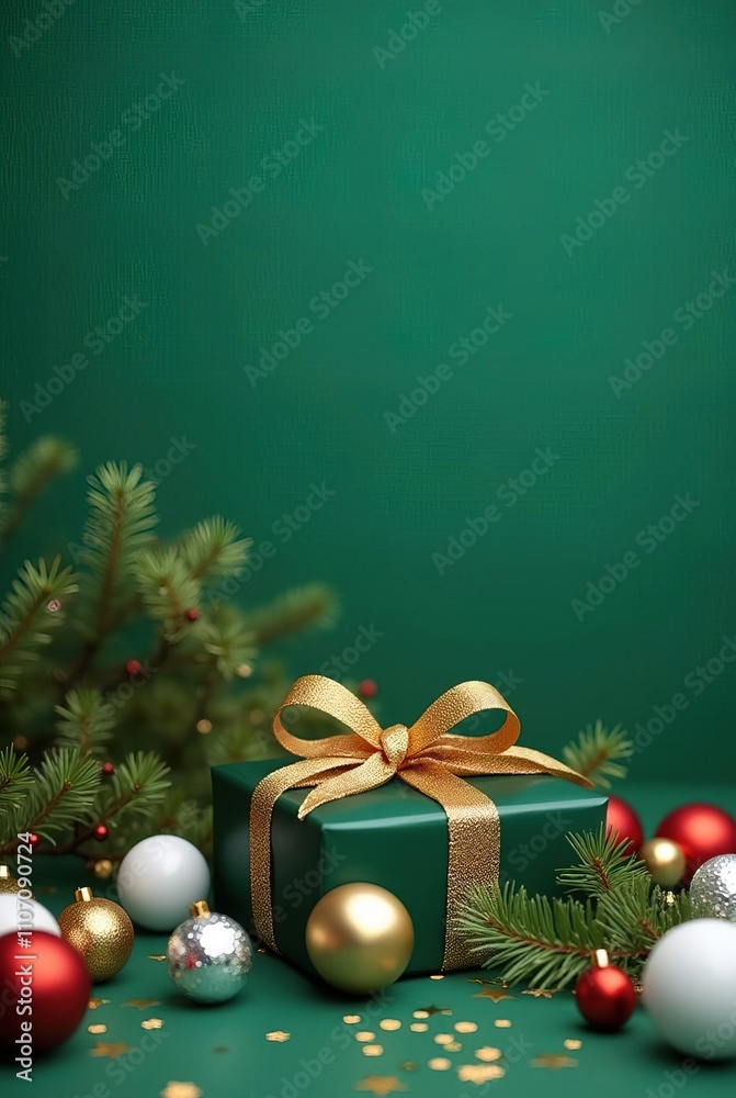 Naklejka premium Christmas greeting vertical card. Green background, wrapped gift box in glossy green, tied with a golden ribbon. Silver, red and gold ornaments & scattered golden star confetti. Space for texts.