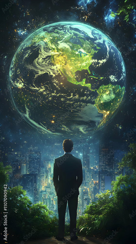 Fototapeta premium A figure gazes at a glowing Earth above a vibrant cityscape, symbolizing hope and connection.
