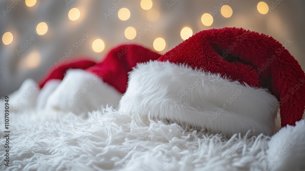 Two red Santa hats on a white fluffy blanket with blurred holiday lights in the background. Two red Santa hats on a white fluffy blanket with blurred holiday lights in the background.