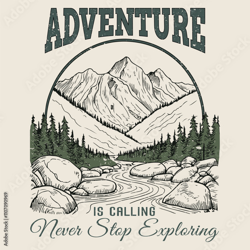 Outdoor at the mountain retro print design for t shirt and others. Camping beside of lake graphic artwork. Explore more print design.