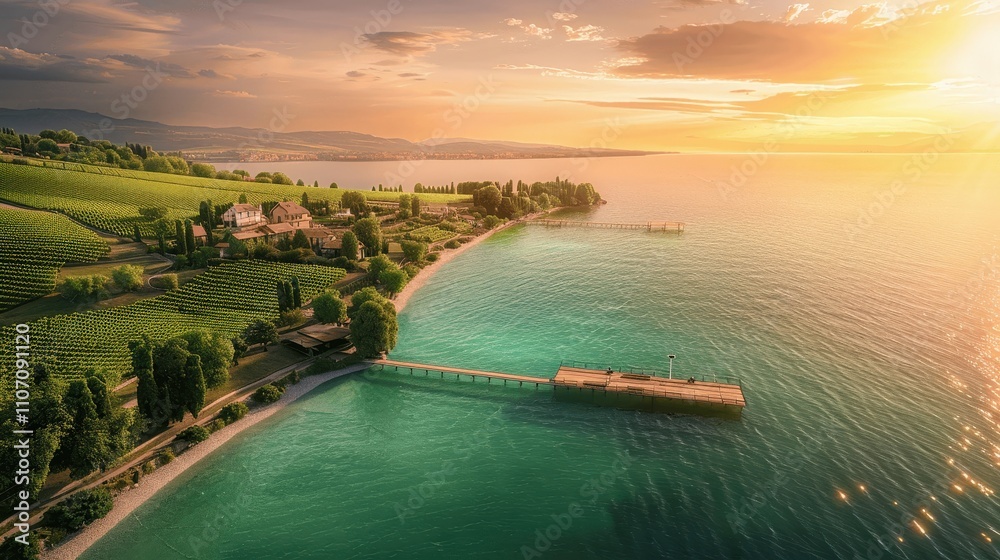 Serene Sunset Over Vineyard and Lake with Pier and Green Hills Serene Sunset Over Vineyard and Lake with Pier and Green Hills
