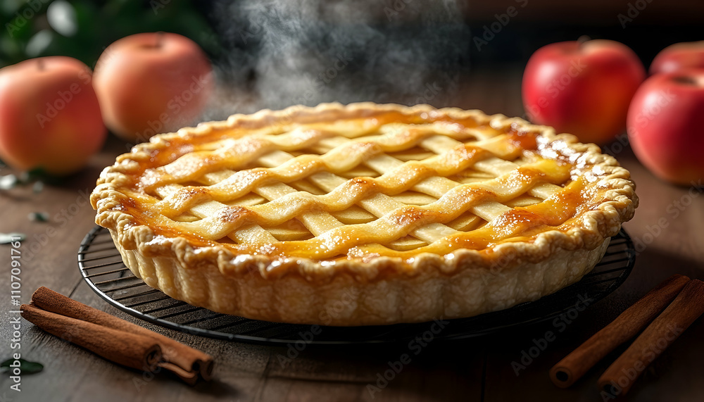 Warm apple pie with cinnamon sticks and apples on wooden table.