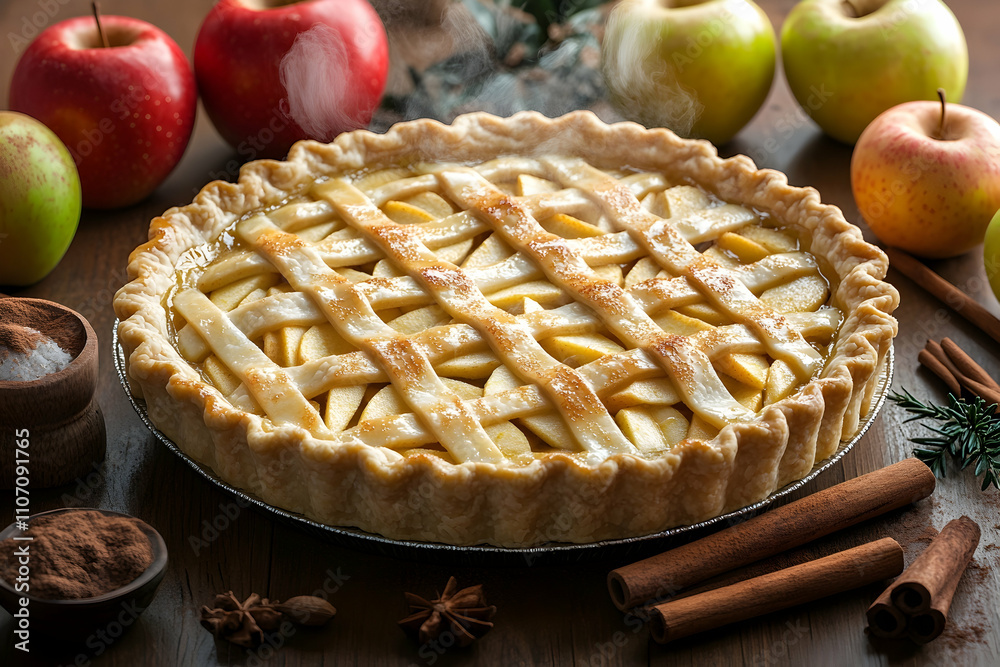 Warm apple pie with cinnamon sticks and apples. Warm apple pie with cinnamon sticks and apples.