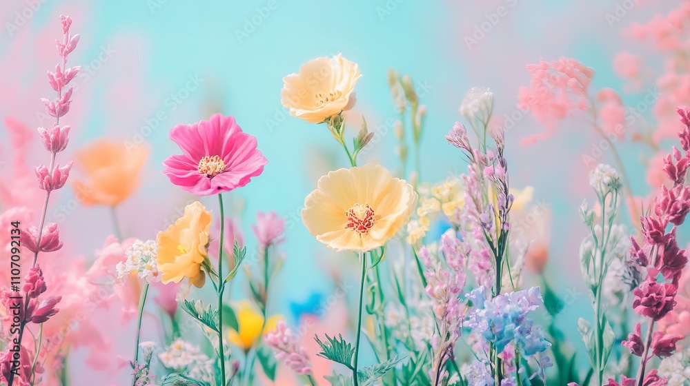 Vibrant array of colorful flowers elegantly arranged on a soft pastel backdrop, showcasing a harmonious blend of hues and textures for creative, decorative, and artistic design projects Vibrant array of colorful flowers elegantly arranged on a soft pastel backdrop, showcasing a harmonious blend of hues and textures for creative, decorative, and artistic design projects