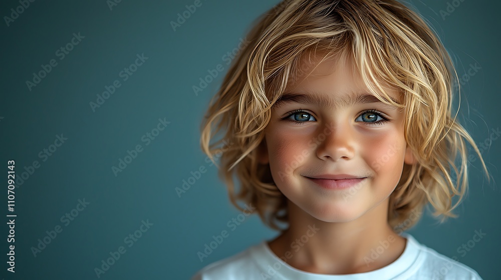 Cheerful Caucasian boy with blonde hair, smiling widely, light blue background, space for text Cheerful Caucasian boy with blonde hair, smiling widely, light blue background, space for text