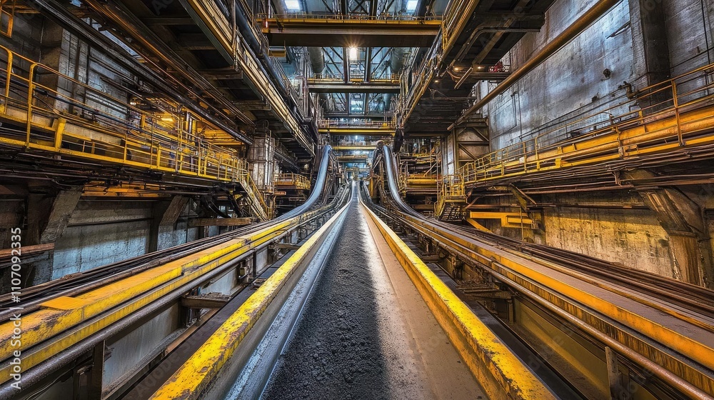 Industrial Interior of a Modern Manufacturing Facility Featuring Conveyor Belts and Machinery, Showcasing the Complexity of an Efficient Production Process Industrial Interior of a Modern Manufacturing Facility Featuring Conveyor Belts and Machinery, Showcasing the Complexity of an Efficient Production Process