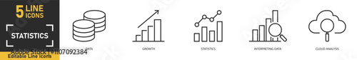 Statistics line icon set. Set of 5 outline icons related to data, growth, statistics, interpreting data, cloud analysis and more. Vector illustration.