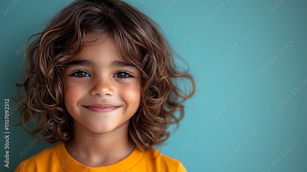 Smiling Indian boy with shiny hair, light blue background, space for text Smiling Indian boy with shiny hair, light blue background, space for text
