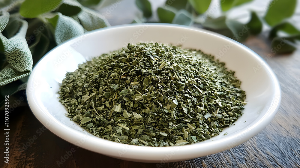 Dried sage leaves in white bowl, showcasing their vibrant green color and finely chopped texture, perfect for culinary use and herbal remedies Dried sage leaves in white bowl, showcasing their vibrant green color and finely chopped texture, perfect for culinary use and herbal remedies